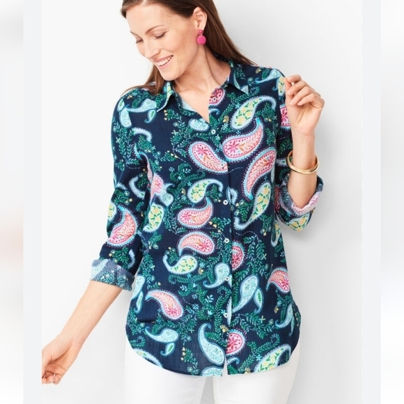 Talbots Plus Petite Classic Cotton‎ Shirt Garden Paisley Blue Size 1X Petite - Picture 1 of 10